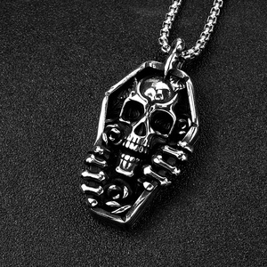 สร้อยคอผู้ชายสไตล์โกธิคพังก์ วัสดุสแตนเลสสตีล ลายหัวกะโหลก ชุบทองวินเทจ พร้อมจี้รูปกากบาทและโลงศพ ประดับด้วยจี้รูปสัตว์ ขายส่ง - Product Image 2