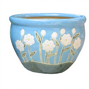 Maceta de Cerámica con Plato, Azul Glaseado, Diseño Floral Blanco, Estilo Rústico, Maceta para Plantas de Interior con Orificio de Drenaje - Product Image 3