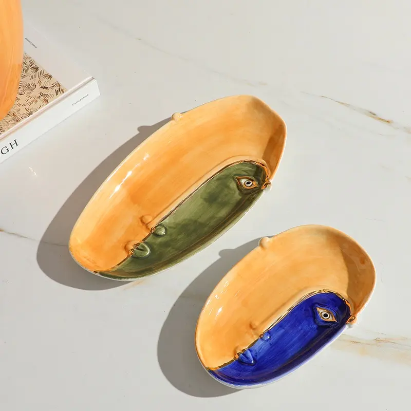 Nghệ thuật hiện đại Thủ công mỹ nghệ trang trí trái cây plater trừu tượng khuôn mặt con người thiết kế khay gốm trang trí nhà trái cây khô tấm
