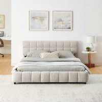 Livraison gratuite |   Lit de rangement rembourré en chenille, taille Queen, avec tiroir et tête de lit, meubles de chambre à coucher en plateforme beige