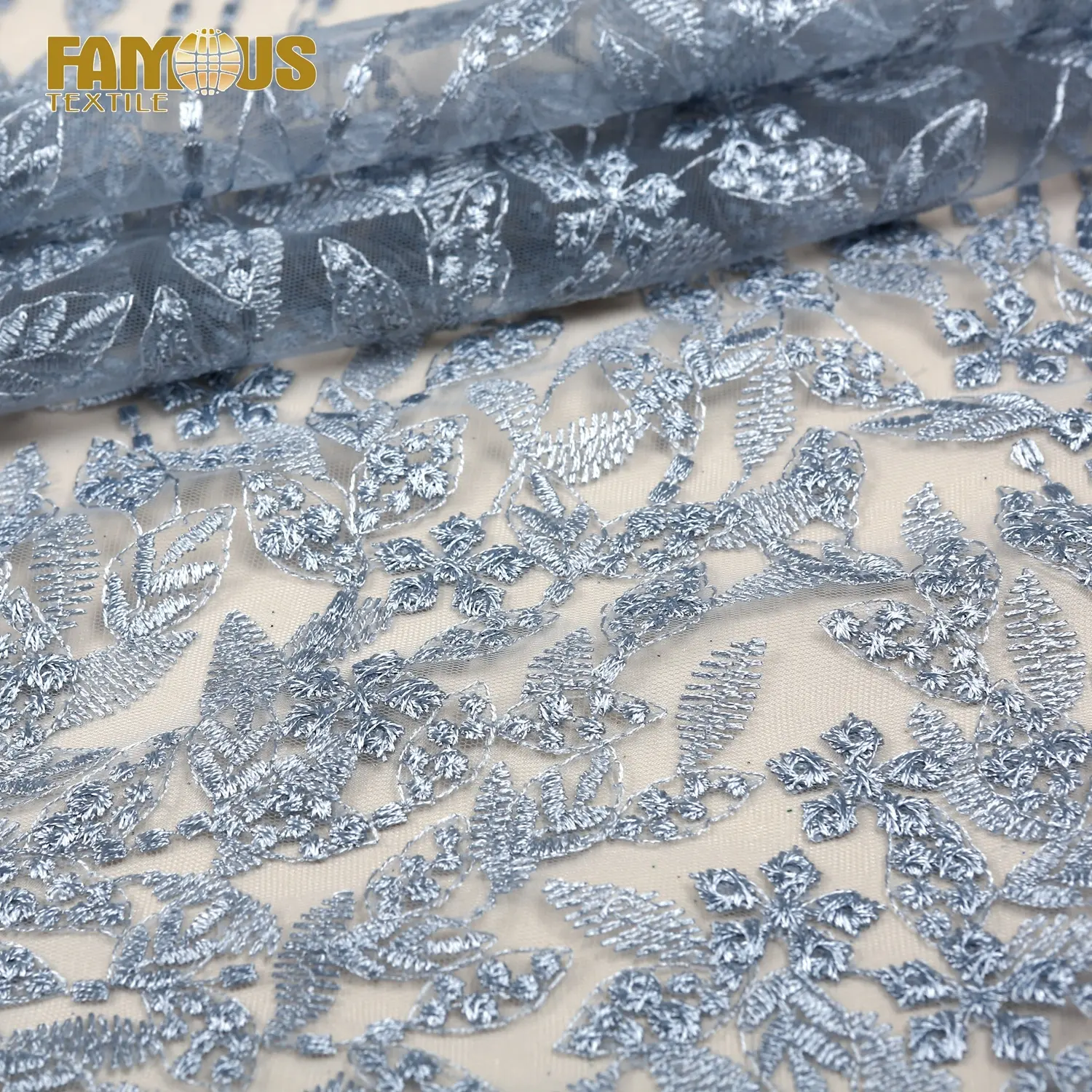 Hot selling elegant design 100% polyester lace fabric with navy blue leaf for dress making