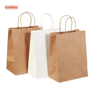 White And Brown Kraft Paper Twisted Handle Shopping Carrier Paper Bag With Logo Printed