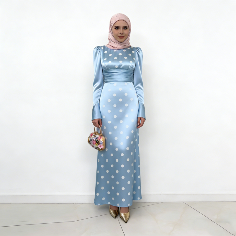White Dress with Blue Polka Dots - Stylish & Elegant
