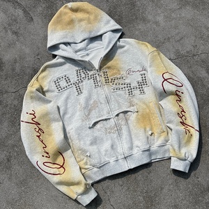 Hoodie vintage imprimé effet soleil délavé en molleton bouclette, coupe courte, brodé, 100% coton premium, zippé, unisexe - Product Image 1