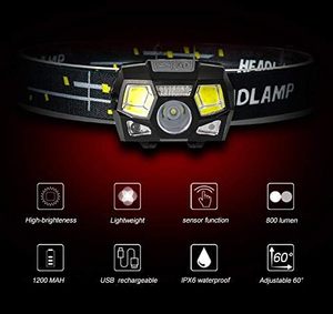 Linterna frontal recargable 5 modos Luz roja Sensor <span class=keywords><strong>de</strong></span> movimiento 5 modos <span class=keywords><strong>de</strong></span> iluminación IP65 Resistente al agua Litio-Ion USB - Product Image 3