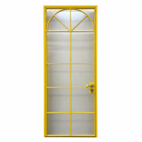 Porte d'entrée moderne en aluminium jaune avec verre dépoli à 8 panneaux, design arqué, avec serrure à levier pour villa et maison