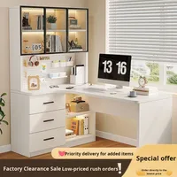 Bureau d'angle crémeux de style français avec bibliothèque intégrée, bureau de travail pour étudiants, chambre à coucher, bureau à domicile, table d'ordinateur, surface en marbre