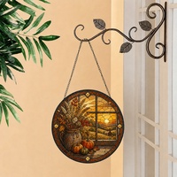 Attrape-soleil en vitrail, panneau de fenêtre d'automne, décoration suspendue de fleurs séchées, art en verre arc-en-ciel