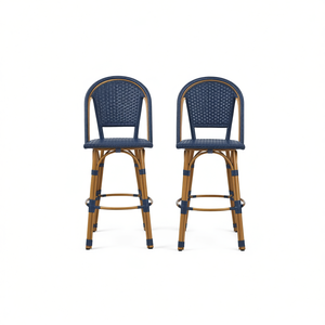 Tabourets de bar français d'extérieur en rotin et aluminium, finition bambou bleu marine, lot de 2 - Product Image 1
