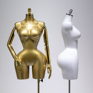 Mannequin de couture demi-corps moderne pour femme, grande taille, réglable, en PP, avec bras mobiles dorés, <span class=keywords><strong>pose</strong></span> debout, pour présentation de perruques et chapeaux - Product Image 1