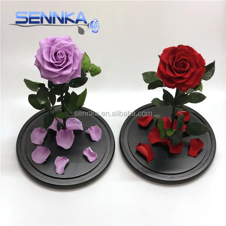 Customized logo valentine gift artificial royal blue rose flowers stabilized lovely purple preserved roses in glass dome