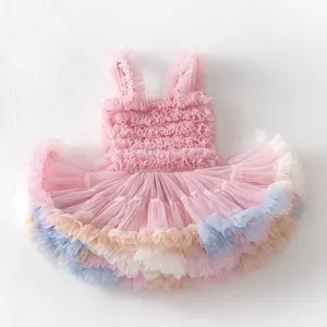 Robe tutu décontractée printemps été pour filles nouvelle robe de princesse en maille moelleuse avec volants pour la danse de fête des enfants