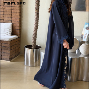 Women Navy <b>Blue</b> Ribbed Knit Abaya White Lace Trim Crew Neck Long Sleeve Modest Muslim Casual Daily Wear Maxi Dres - Product Image 4