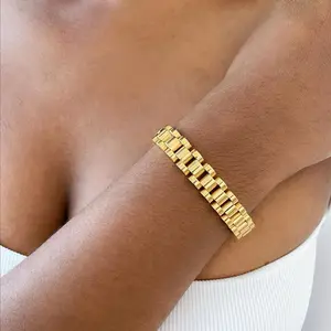 Atacado Impermeável Chunky Jóias 18K Banhado A Ouro Aço Inoxidável Relógio de pulso Cadeia 10mm Wide Watch Band Pulseira YF3137