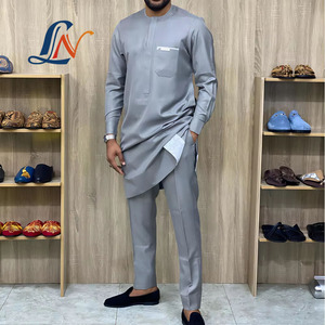 Nouvel ensemble 2 pièces gris pour <span class=keywords><strong>homme</strong></span> : chemise et pantalon kaftan africain, <span class=keywords><strong>tenue</strong></span> formelle musulmane, costume islamique, Dashiki, vente en gros - Product Image 1