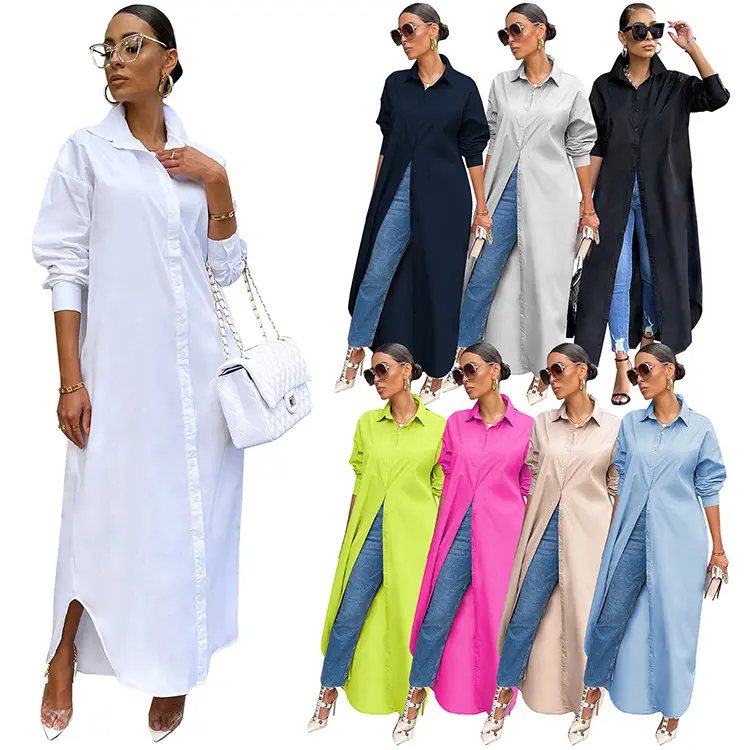 2024 Plus Size Women's Long Sleeve Casual Shirt Dress Solid Color Maxi Dress Ladies Blouses