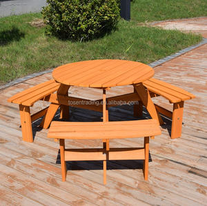 Mesa de Comedor Redonda de Madera Resistente para Exteriores con Bancos Integrados – Perfecta para Reuniones Familiares y Fiestas en el Jardín - Product Image 1