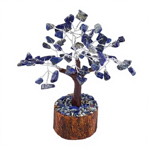 Décorations d'arbre en pierres précieuses de cristal, 60 pièces, faites à la main, Feng Shui, décoration d'intérieur, copeaux de pierre bleue, base en bois, provenance Gujarat - Product Image 2