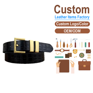Ceinture en cuir pleine fleur gaufré crocodile pour femme, ceinture de luxe en cuir de vachette noir avec boucle ardillon dorée - Product Image 1