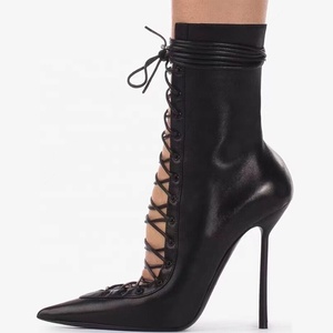 Bottes courtes sexy pour femme à lacets, style été, à talons aiguilles, avec découpes, talons fins, grande taille 44 - Product Image 6