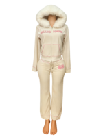 Nouveauté 2026 Ensemble 2 pièces pour femme en coton tricot gaufré : Veste courte et pantalon évasé, avec bordure en fourrure, style streetwear