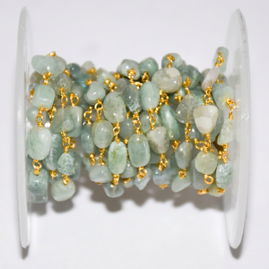 Natural Aquamarine Oval <b>Rosary</b> Chain Gold Plated Wire Wrapped Gemstone Beaded Chain for DIY Jewelry Making Necklace - Product Image 1