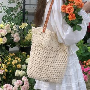 Bolso Tote de Punto de Algodón Color Caqui Off-White, Bolso de Playa de Verano con Malla Hueca Suave, para Uso Diario, con Cierre Magnético - Product Image 1