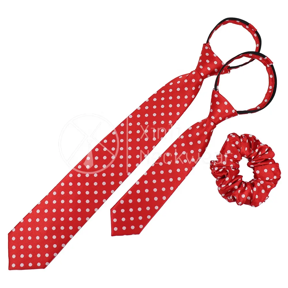 Manufacturer Cheap Polyester Woven Jacquard Red Polka Dotted Pattern Hair Scrunchies Mens Fashion Zip Tie Set