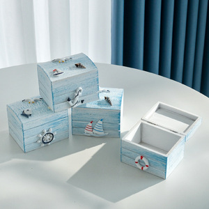 Ocean-themed Wooden <b>Storage</b> Box Set Rectangular Stackable Mediterranean-style Decorative Ornament Living Room <b>Tabletop</b> Prop - Product Image 2