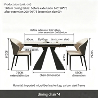 Ensemble de table à manger extensible en pierre frittée 140-240 cm avec structure en acier carbone et chaises en cuir Nappa pour la maison, l'hôtel et le restaurant