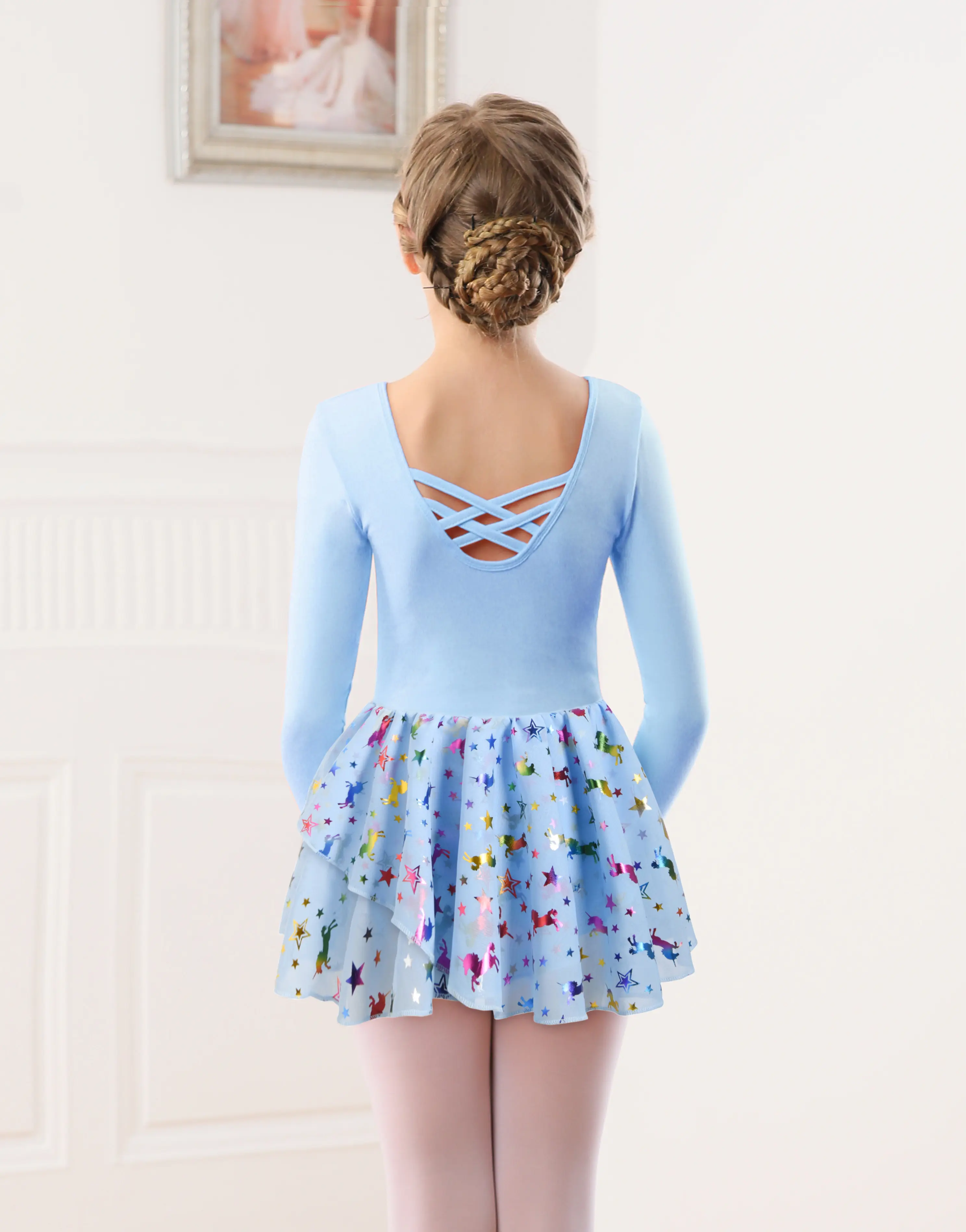 Leotardo de ballet con espalda entrecruzada de manga larga para niñas con falda irregular con estampado de unicornio