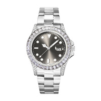 Reloj de Pulsera de Acero Inoxidable con Esfera de Diamantes de Hip Hop al por Mayor, Reloj de Cuarzo con Movimiento Japonés, Reloj de Oro con Piedras de Arcoíris para Hombre
