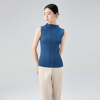 Atasan Lipit Warna Hijau Mint Tanpa Lengan Kerah Mandarin Model Tank Top Basic Elegan Ramping Serbaguna Kasual Wanita
