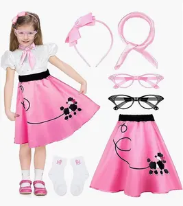 1950s Girls Poodle Skirt 50s Costume Accessories Set With Headband Glasses Scarf Socks Outfit Halloween Costume