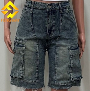 Pantaloni in Denim Tinta Unita per <span class=keywords><strong>Donna</strong></span>, <span class=keywords><strong>Jeans</strong></span> Strappati, Pantaloncini Cargo Multi-Tasca - Product Image 2