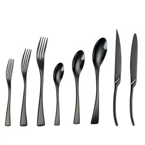 豪华镜子刀叉勺子Kaya黑色不锈钢餐厅餐具套装