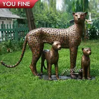 Tamanho da vida ao ar livre pantera negra cheetah família estátua bronze escultura de leopardo