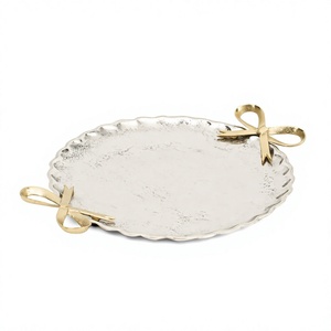 Elegant <b>Silver</b> Serving <b>Tray</b> With Gold Bow Handles Polished Metal Finish Residential Use Birthday parties Dining Table Decor Use - Product Image 1