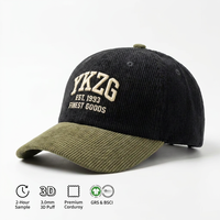Casquette de baseball en velours côtelé YKZG à broderie 3D en relief contrastante vert-jaune, livraison rapide en 2 heures, casquette de papa athlétique, couvre-chef personnalisé en gros