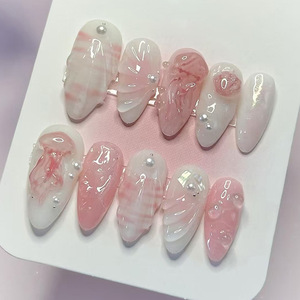 Lot de 24 <span class=keywords><strong>faux</strong></span> <span class=keywords><strong>ongles</strong></span> faits main, motif fleur rose coquillage, taille press-on, en <span class=keywords><strong>gel</strong></span>, forme amande et stiletto pour doigts - Product Image 1