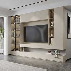 Meuble TV BALOM en bois massif blanc personnalisé avec éclairage LED intégré et ensemble combiné de présentoir ouvert, support TV - Product Image 3