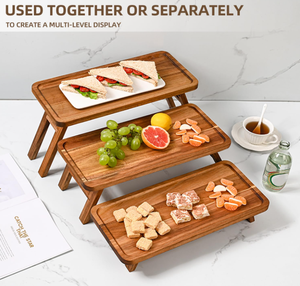 Rectangle <strong>Dessert</strong> Table Display Stand Foldable <strong>3</strong>-<strong>Tier</strong> Acacia Wooden Eco-Friendly Cupcake Serving <strong>Tray</strong> &amp; Tower Display Set - Product Image 2