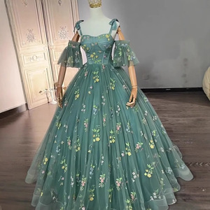 Evening Gown Strapless Floral Print Green Empire Waistline For Annual Meeting Hostess Events - Product Image 2