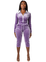 Ensemble BR7083 tendance pour femme en velours avec revers, fermeture éclair latérale, contraste de couleurs, rayures blanches, manches longues et cordon de serrage