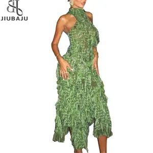 2024 Women New Dresses Halter Green Elegant Tassel Patchwork Vacation Holiday Backless Chic Dress