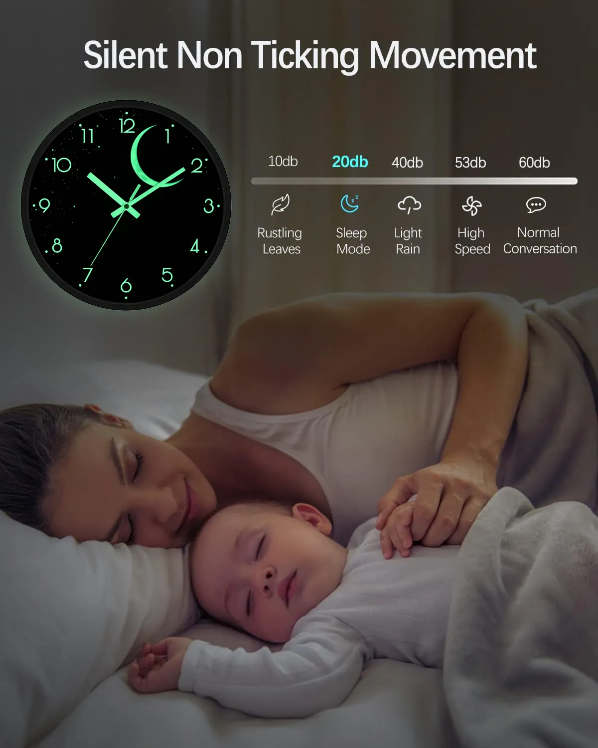 Reloj de pared con luz nocturna con sensor de sonido y ligereza ajustable