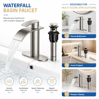 Robinet de lavabo élégant en acier inoxydable nickel brossé, à levier unique, avec bec cascade haut cylindrique et siphon escamotable