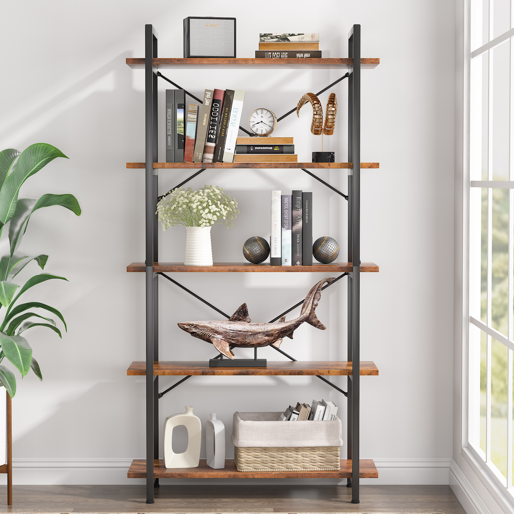Libreria Con Armadietto Ad Arco – Scaffale In Metallo E Legno, Industriale, 4 Ripiani + Vano Chiuso