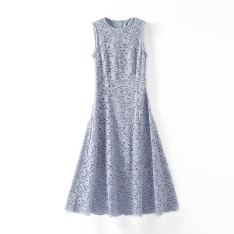 Waist-shaping Design Casual Ladies Dress Heavy-duty Nail Drill Lace Sleeveless Dress with Umbrella Skirt Hem for Women