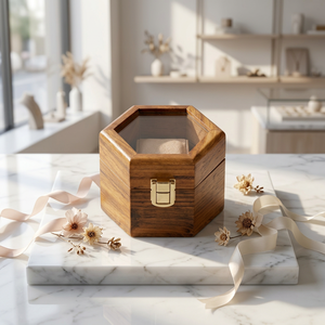 Boîte hexagonale en bois massif avec couvercle en verre, décoration de table moderne faite à la main, cadeau de mariage - Product Image 1